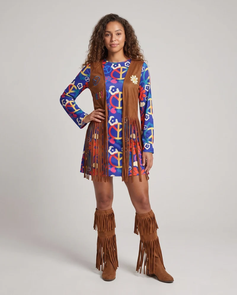 Damen Hippie-Kostüm mit Fransen und Blumenmuster Drune