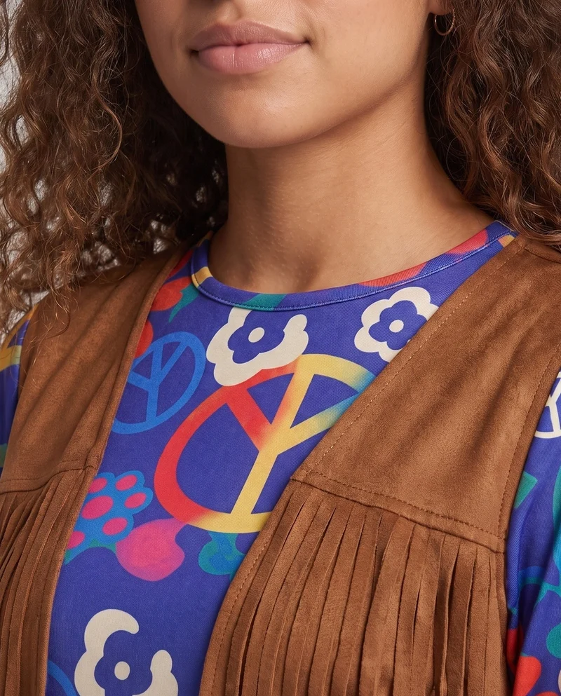 Damen Hippie-Kostüm mit Fransen und Blumenmuster Drune
