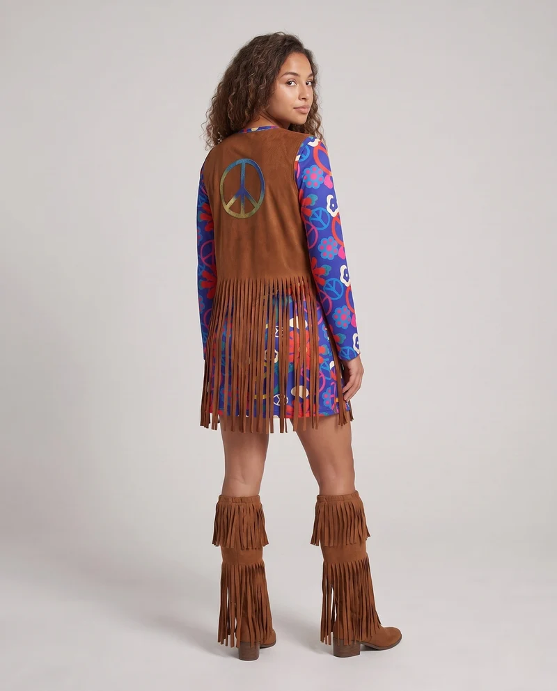 Damen Hippie-Kostüm mit Fransen und Blumenmuster Drune