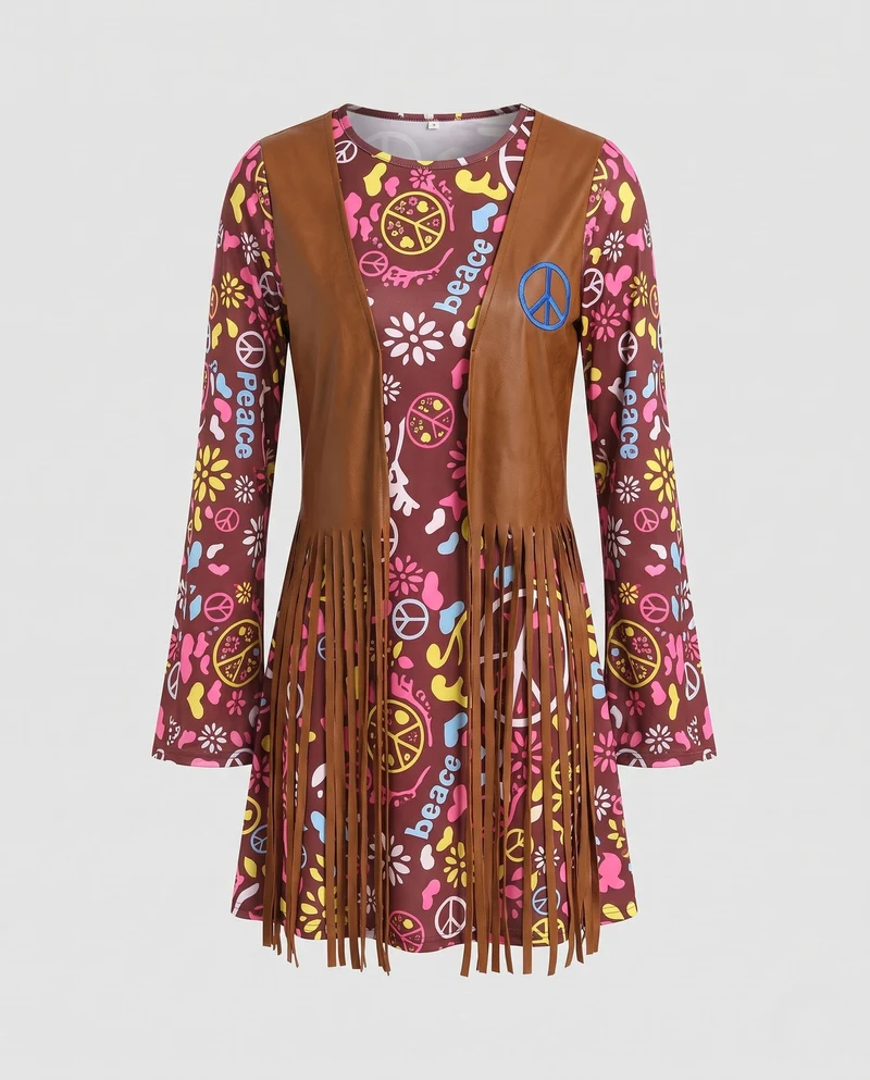Damen Hippie-Kostüm mit Fransen und Blumenmuster Drune