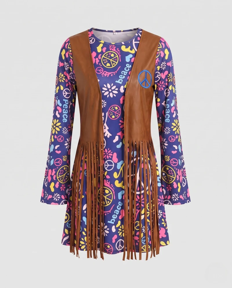 Damen Hippie-Kostüm mit Fransen und Blumenmuster Drune