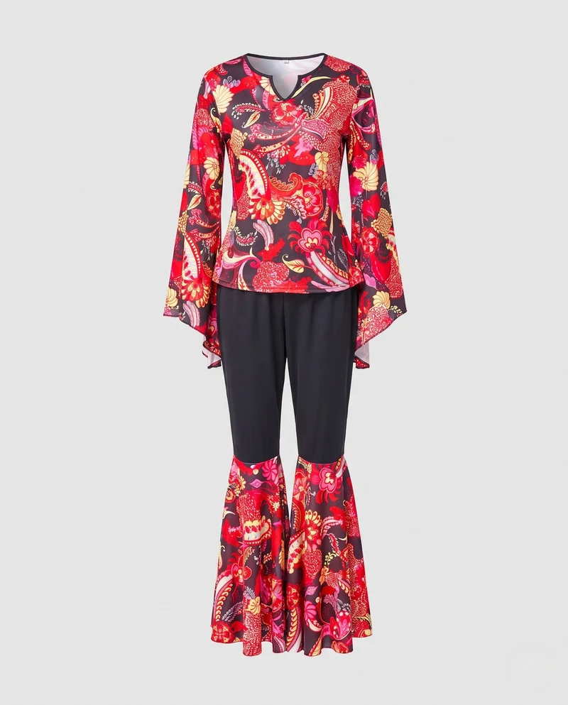 Damen Hippie Kostümset mit weitem Oberteil und Schlaghose Drune