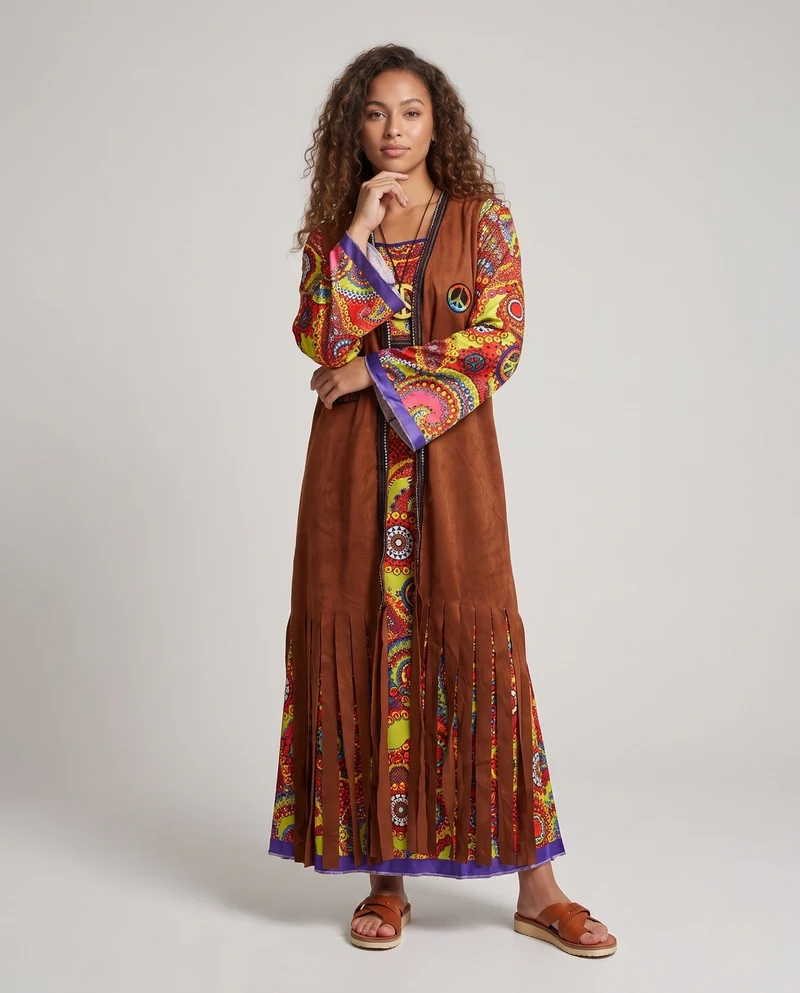 Damen Hippie-Langkleid mit bunten Mustern und Fransen Drune