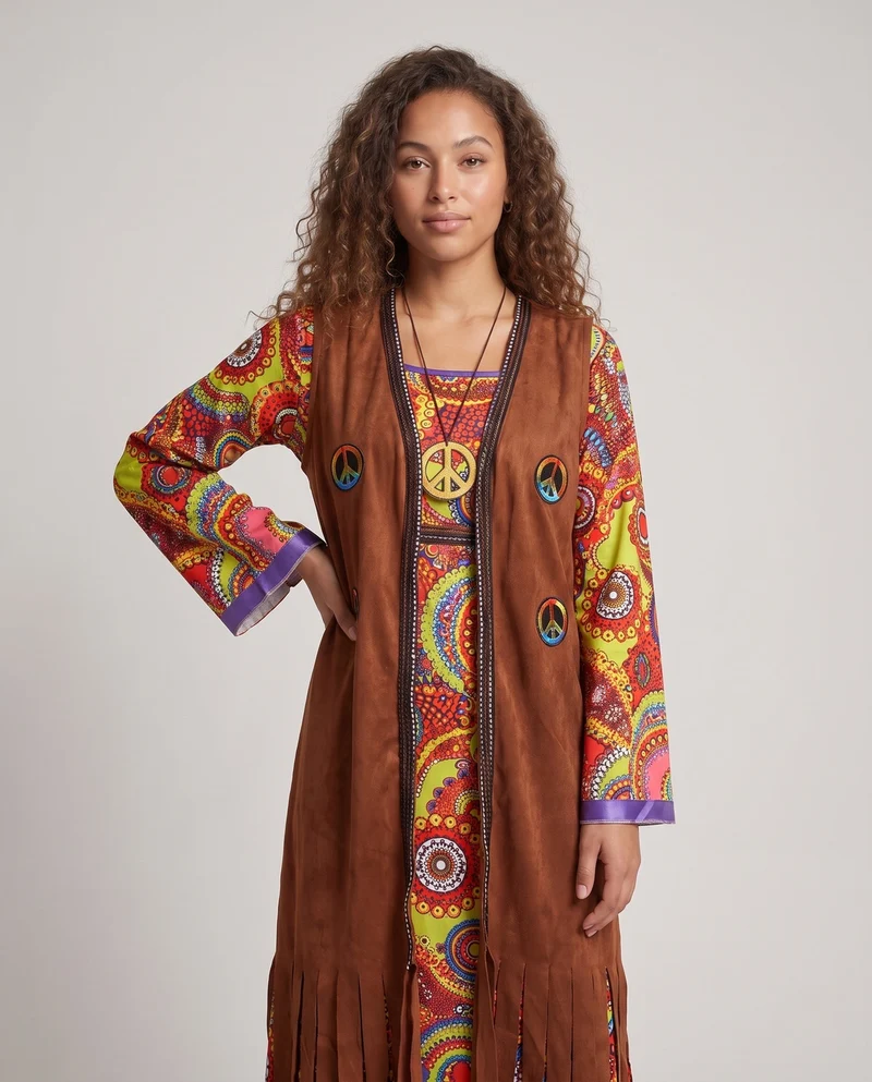 Damen Hippie-Langkleid mit bunten Mustern und Fransen Drune