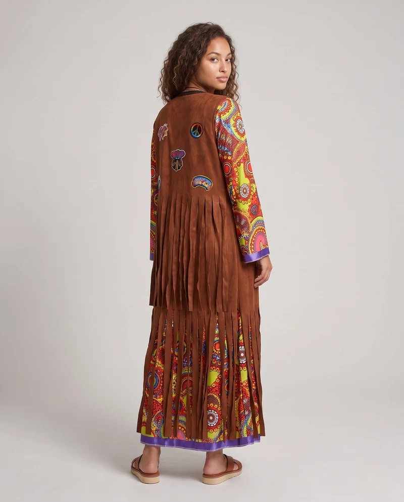 Damen Hippie-Langkleid mit bunten Mustern und Fransen Drune