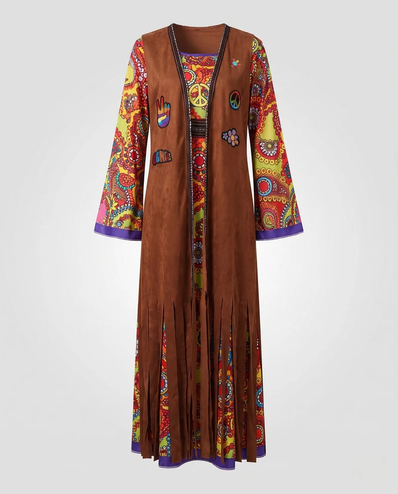 Damen Hippie-Langkleid mit bunten Mustern und Fransen Drune