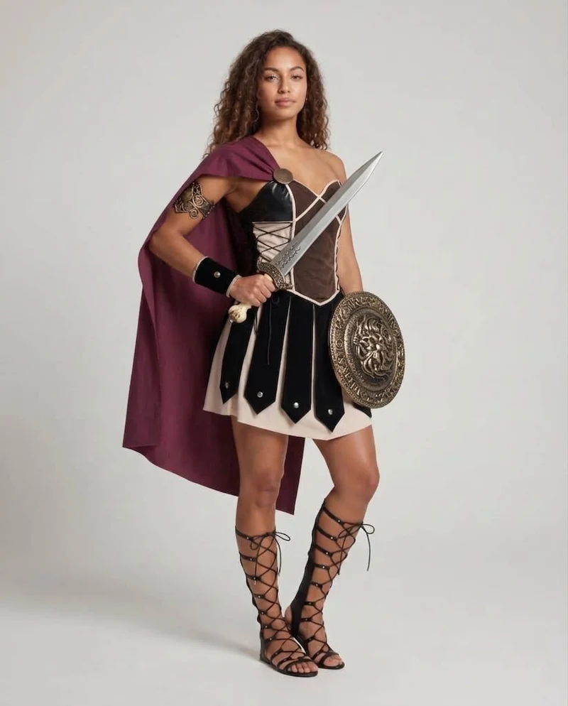 Damen Historisches Gladiatorenkostüm mit Umhang und Rüstungsdetails Drune