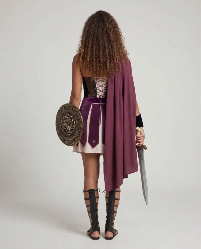 Damen Historisches Gladiatorenkostüm mit Umhang und Rüstungsdetails Drune