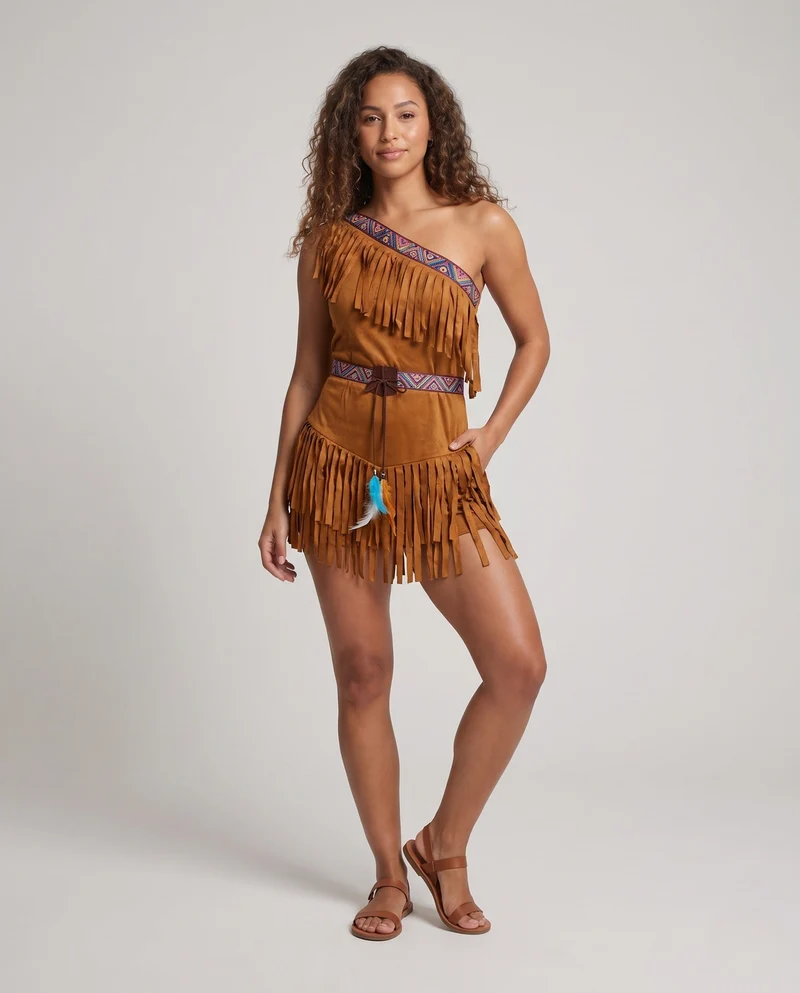 Damen indianisches Fransen-Kleid mit detaillierter Verzierung und passendem Zubehör Drune