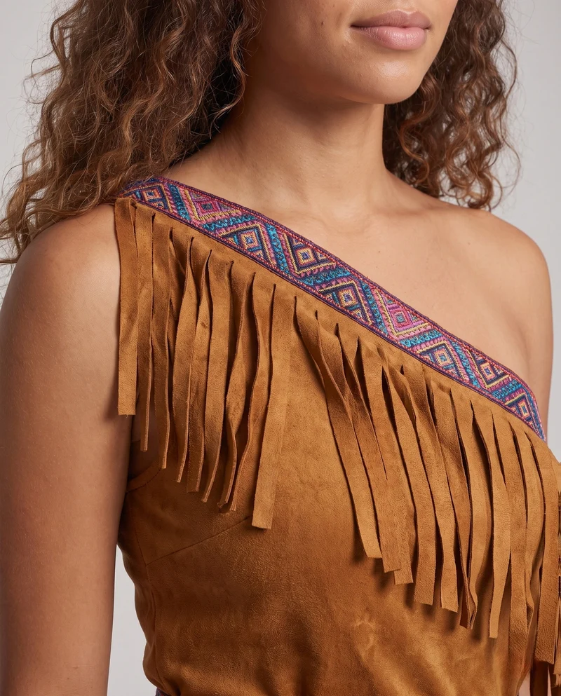 Damen indianisches Fransen-Kleid mit detaillierter Verzierung und passendem Zubehör Drune
