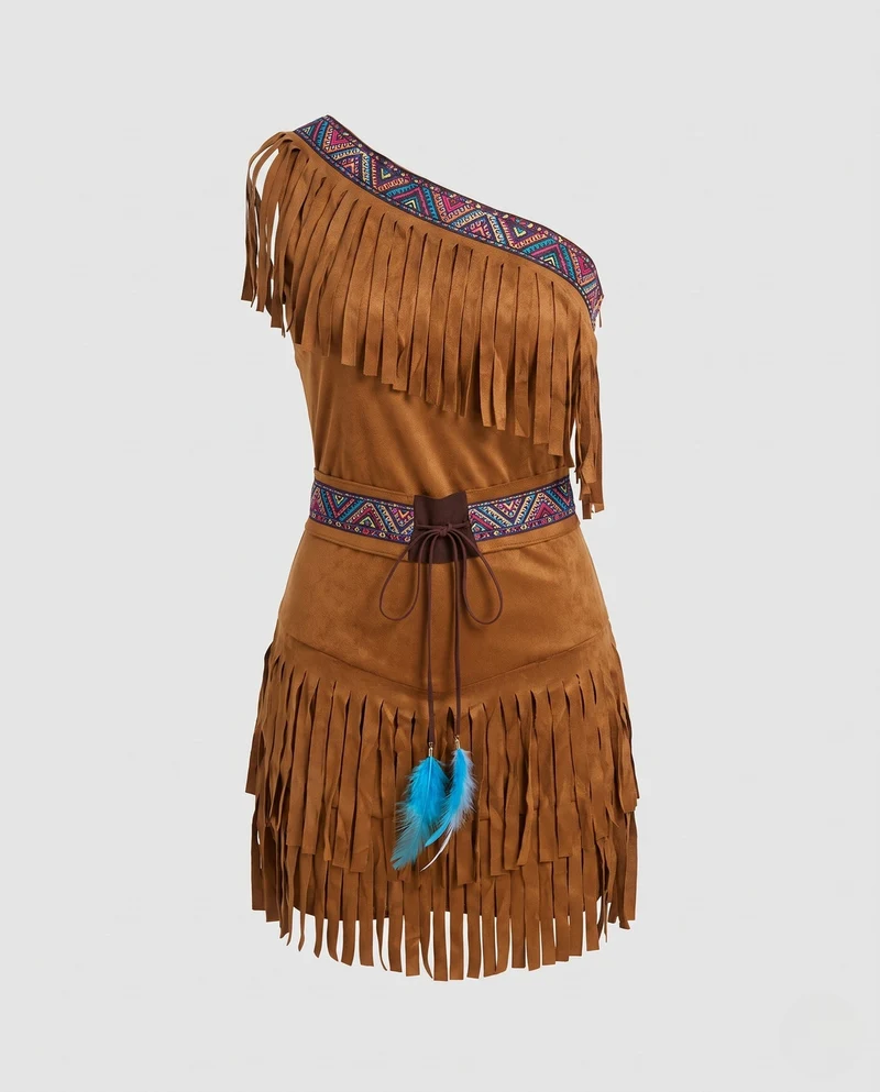 Damen indianisches Fransen-Kleid mit detaillierter Verzierung und passendem Zubehör Drune