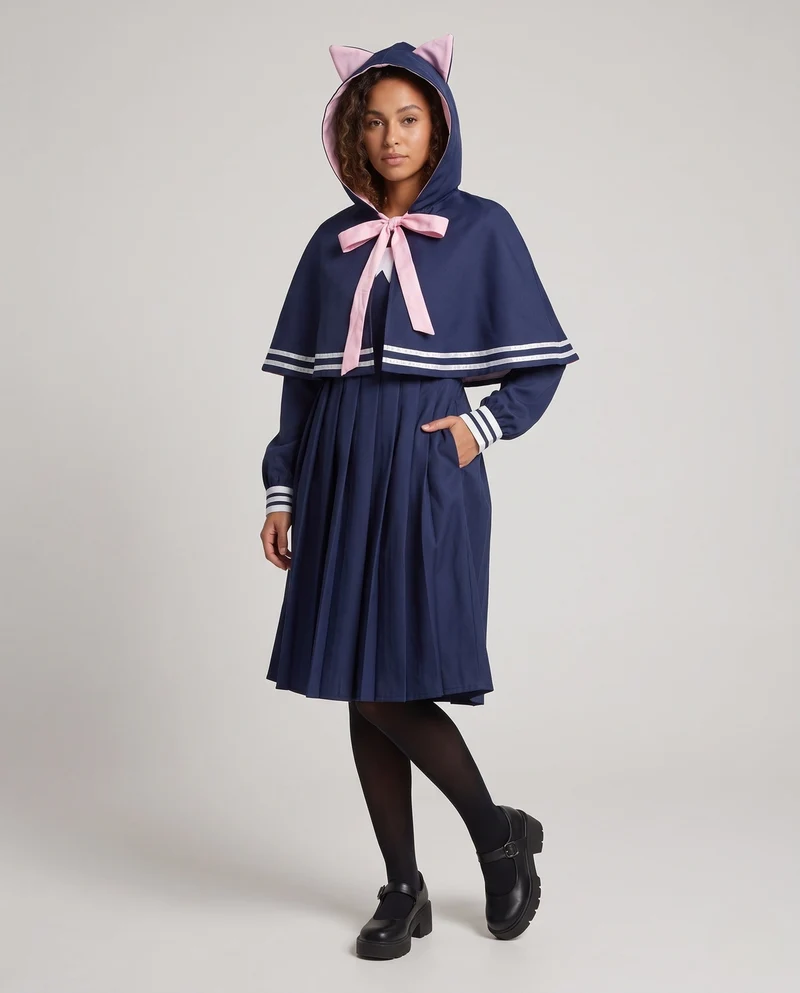 Damen Kapuzenkleid mit Katzenohren und gestreiftem Kragen Drune