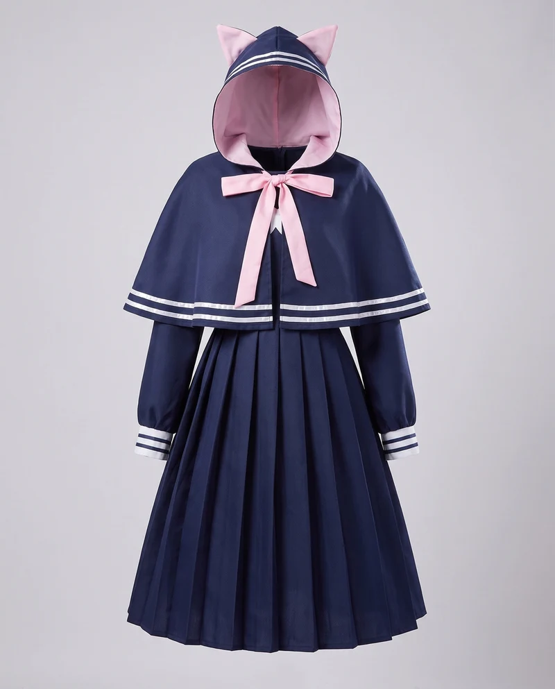 Damen Kapuzenkleid mit Katzenohren und gestreiftem Kragen Drune