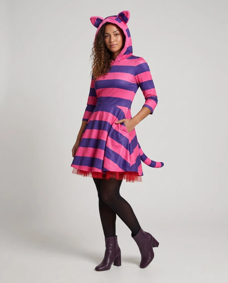 Damen Katzenkostüm mit Kapuze, gestreiftem Design und charmanten Accessoires Drune