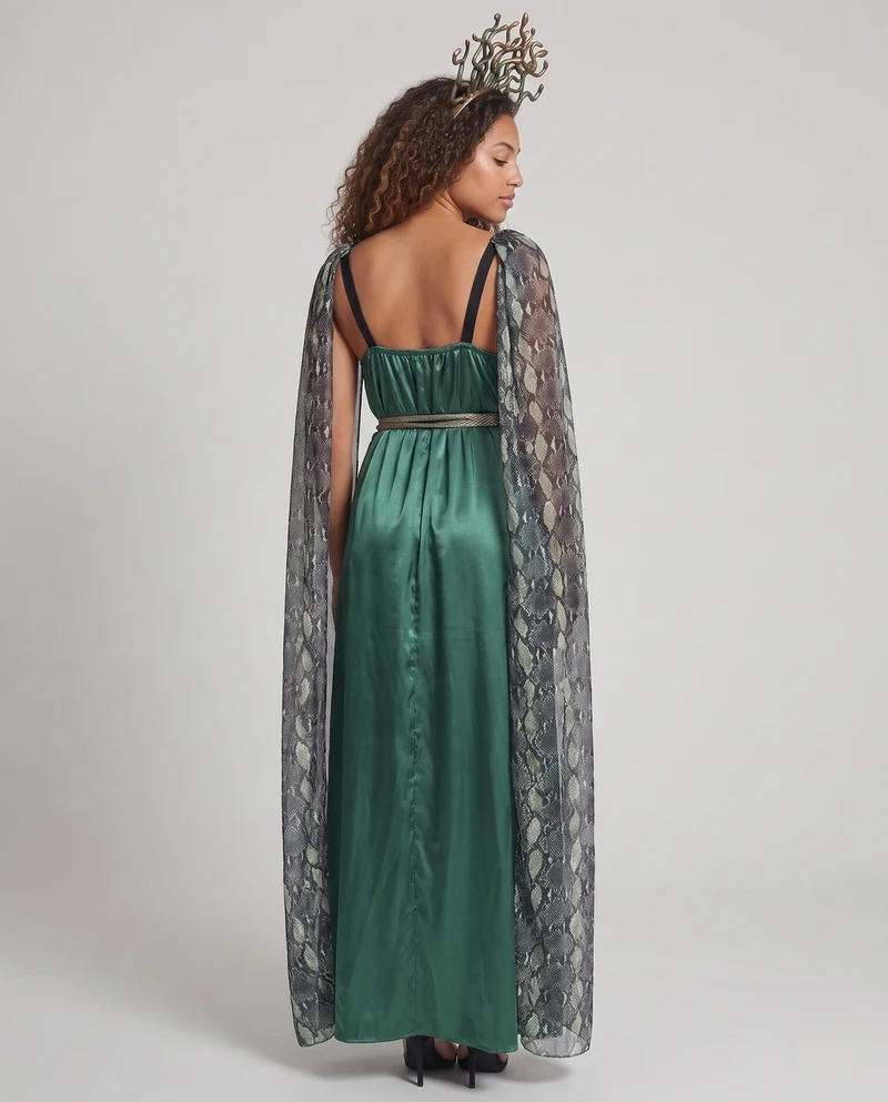 Damen Kostüm im Medusa-Stil mit schimmerndem Satin und transparenten Ärmeln Drune