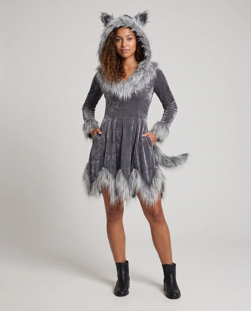 Damen Kuscheliges Fleece-Kleid mit elegantem Pelzkragen Drune