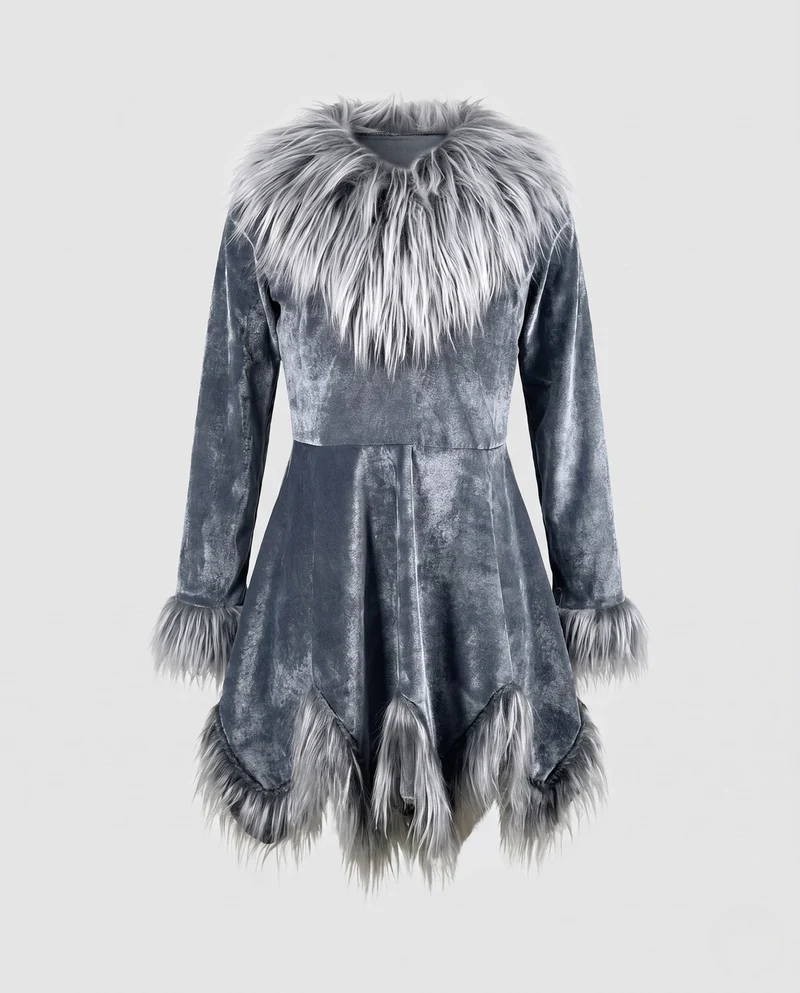 Damen Kuscheliges Fleece-Kleid mit elegantem Pelzkragen Drune