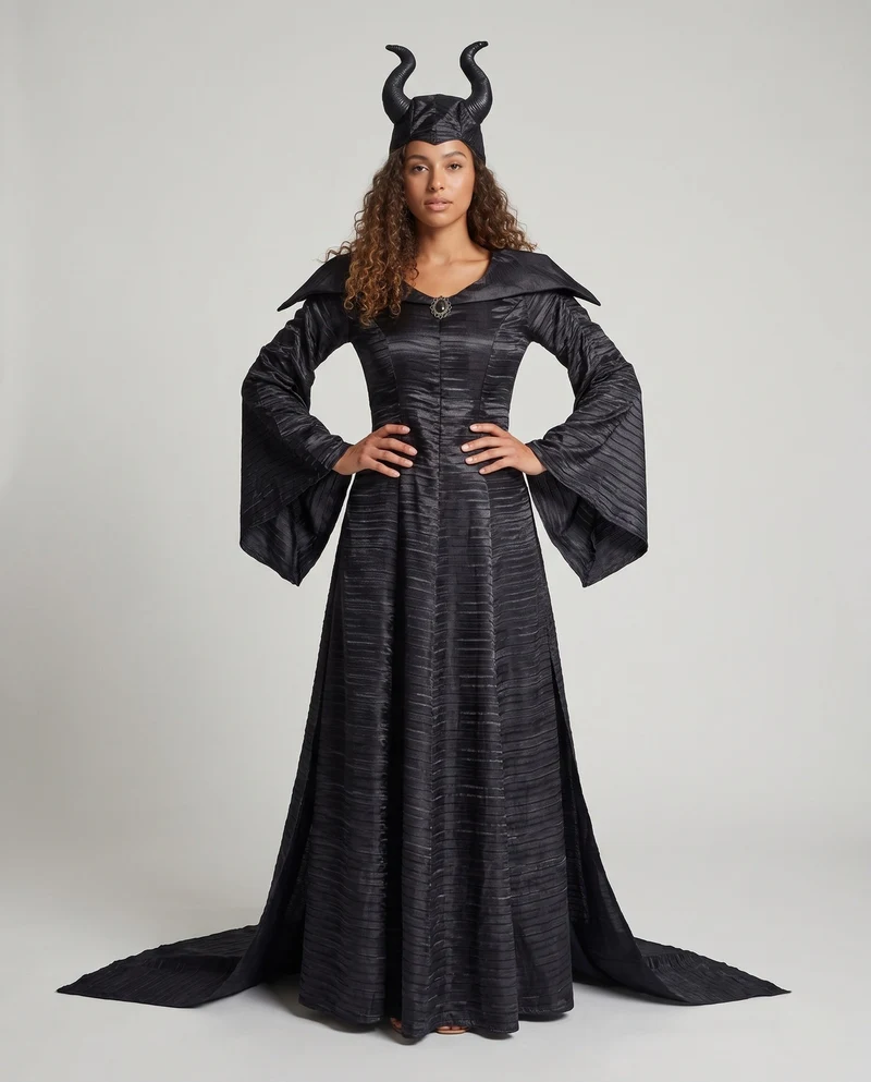 Damen Maleficent Kostüm mit voluminöser Kapuze und schimmerndem Satin Drune