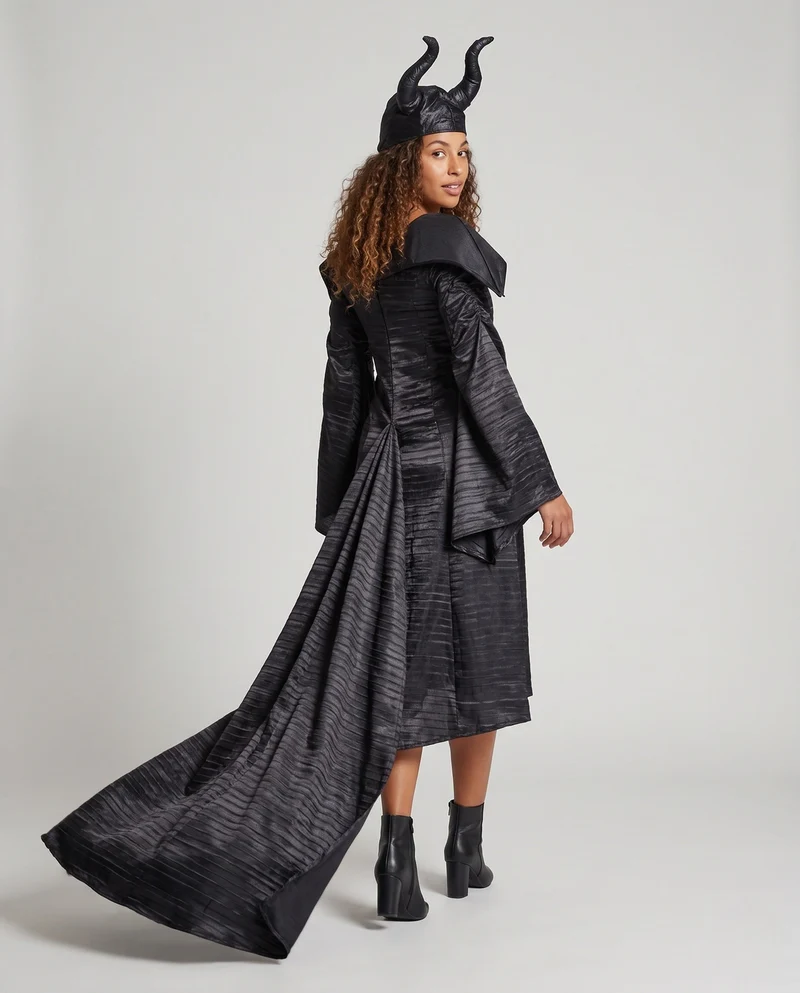 Damen Maleficent Kostüm mit voluminöser Kapuze und schimmerndem Satin Drune