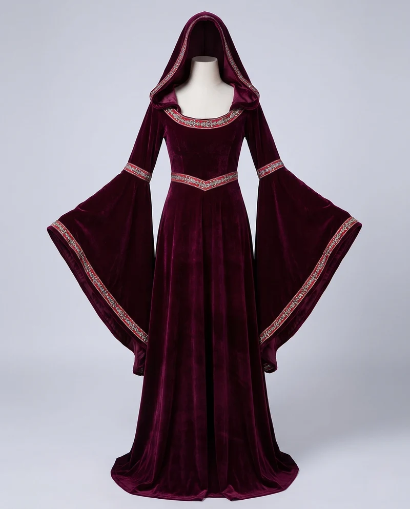 Damen Märchenhaftes Kapuzenkleid mit eleganten Krawattenärmeln Drune