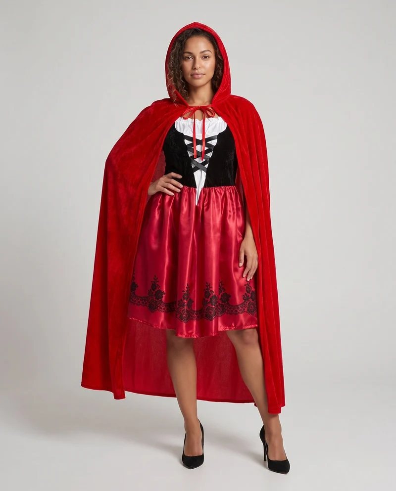 Damen märchenhaftes Kostüm als Rotkäppchen mit elegantem Umhang und detailverliebt gestalteter Corsage Drune