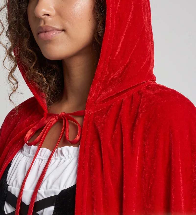 Damen märchenhaftes Kostüm als Rotkäppchen mit elegantem Umhang und detailverliebt gestalteter Corsage Drune