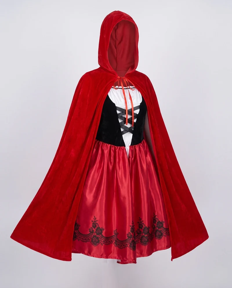 Damen märchenhaftes Kostüm als Rotkäppchen mit elegantem Umhang und detailverliebt gestalteter Corsage Drune