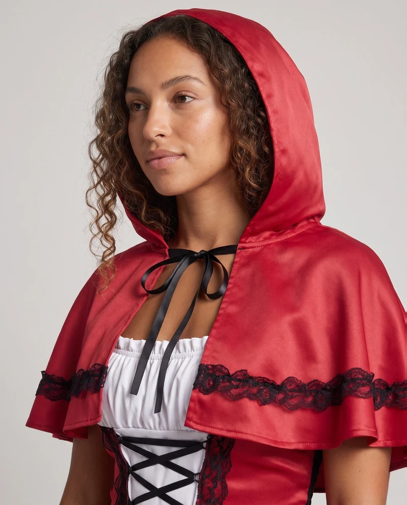 Damen Märchenhaftes Rotkäppchen Kostüm mit Kapuze und Rüschendetails Drune