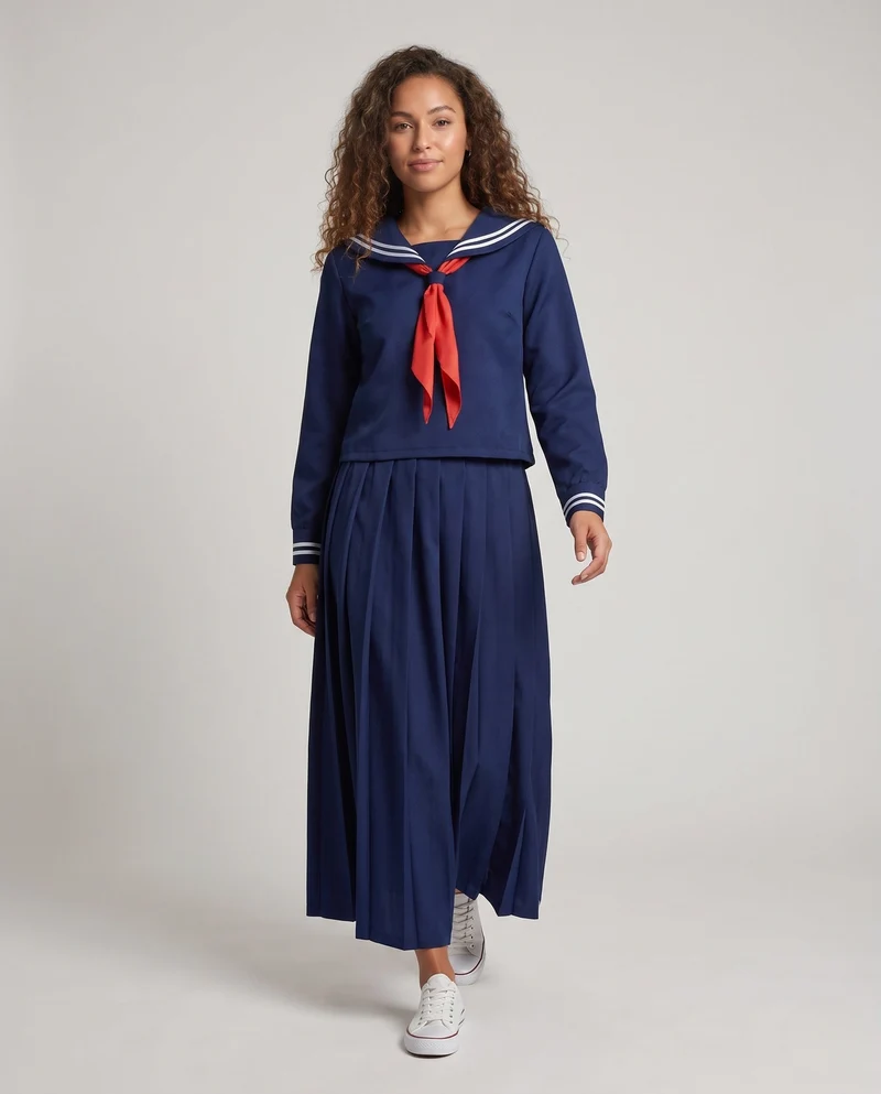 Damen Maritimes Schulkleid mit zweifarbigem Kragen und langen Ärmeln Drune