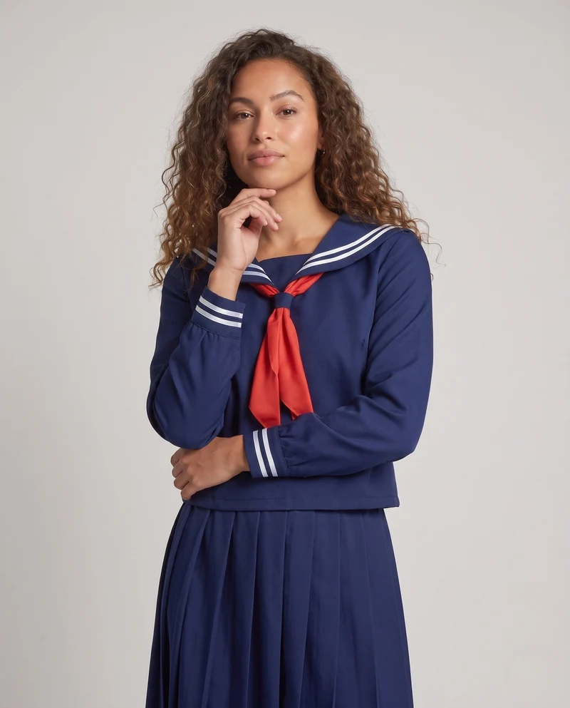 Damen Maritimes Schulkleid mit zweifarbigem Kragen und langen Ärmeln Drune