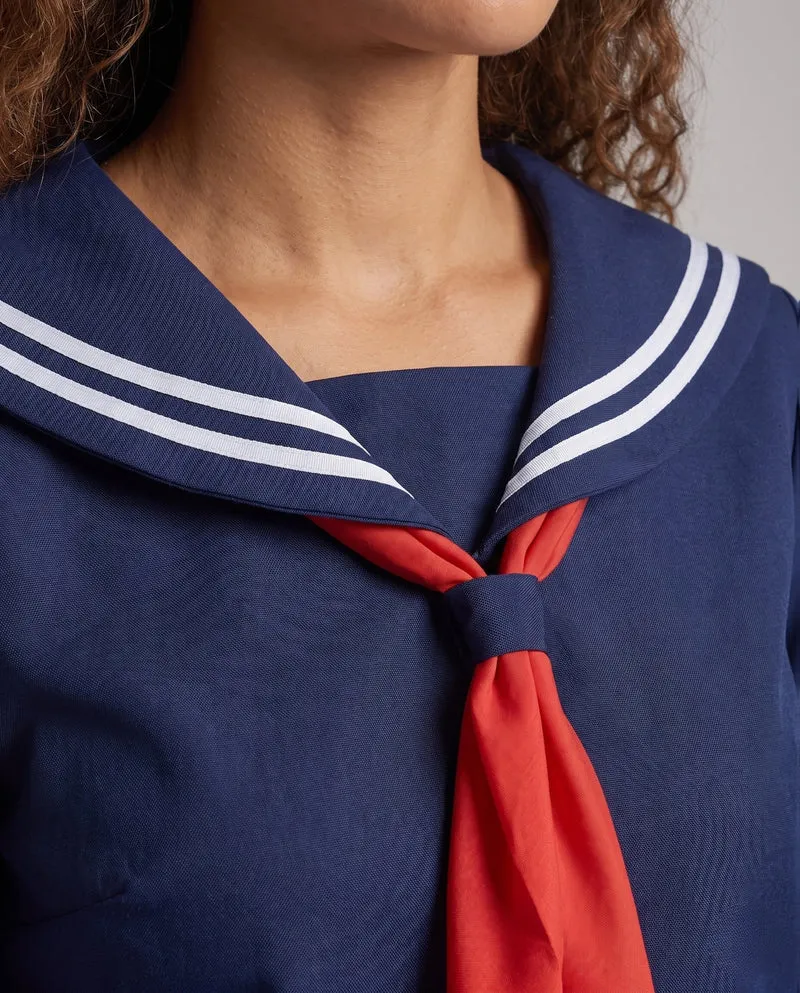 Damen Maritimes Schulkleid mit zweifarbigem Kragen und langen Ärmeln Drune