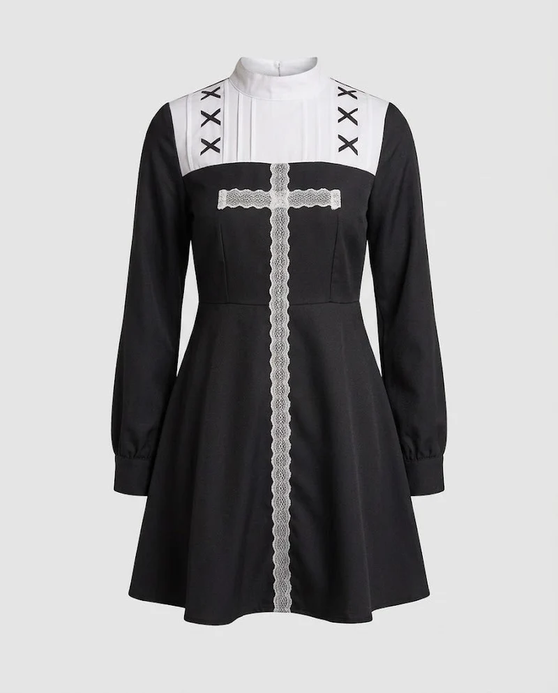 Damen Nonnenkleid mit eleganter Spitzenverzierung und Schleier Drune