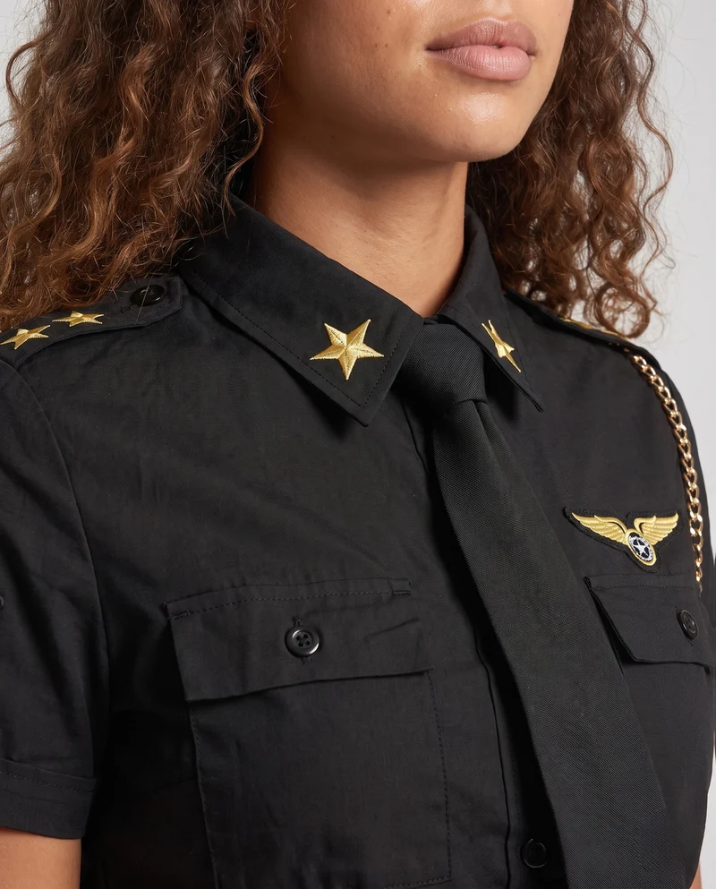 Damen Pilotinnenkostüm mit schimmerndem Kragen und goldenen Akzenten Drune