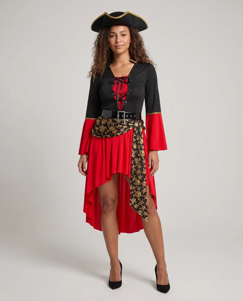 Damen Piratenkostüm mit verziertem Gürtel und eleganten Ärmeln Drune