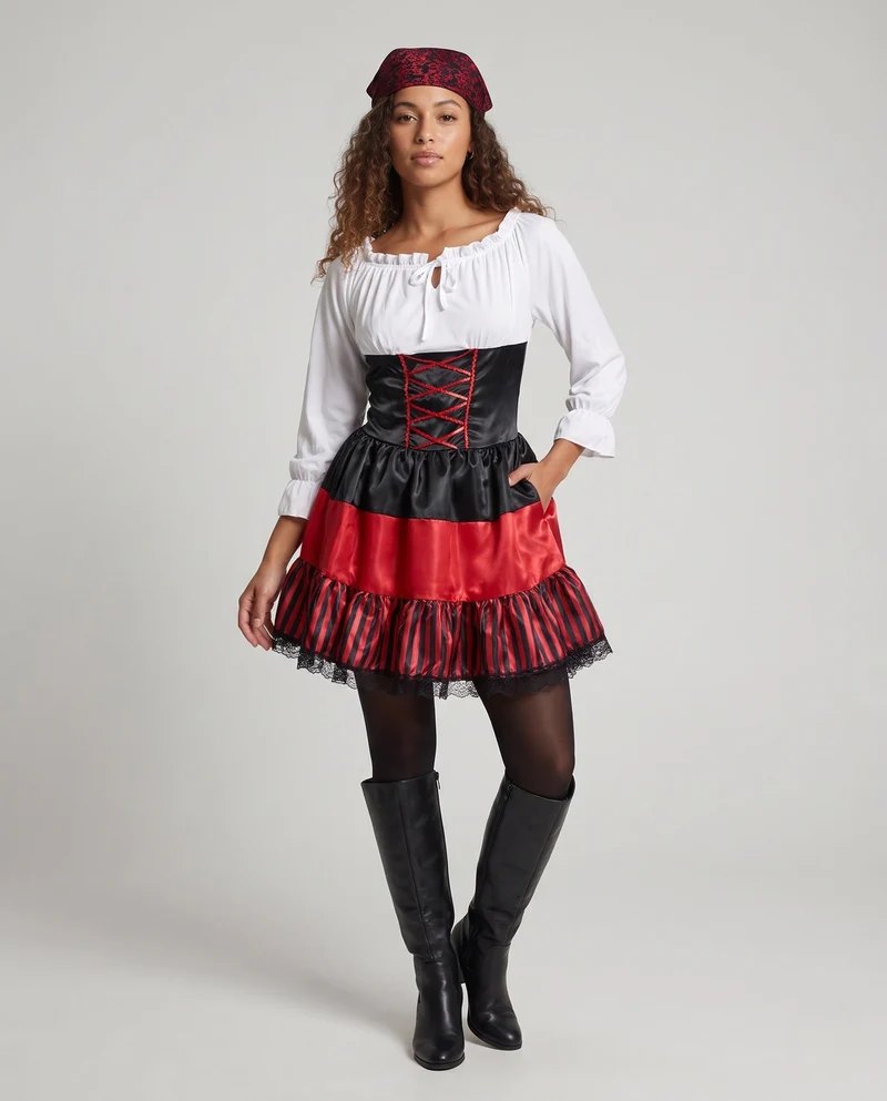 Damen Piratinnen Kostüm mit voluminösem Rock und Rüschendetails Drune