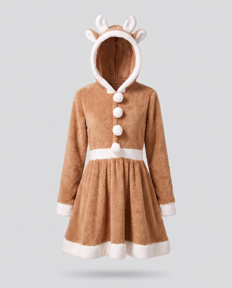 Damen Plüsch Kleidung mit tierischen Ohren und Kapuze Drune