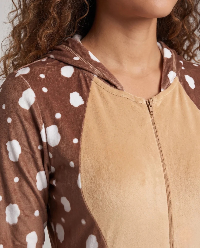 Damen Plüsch Rentier Overall mit Kapuze und niedlichen Details Drune
