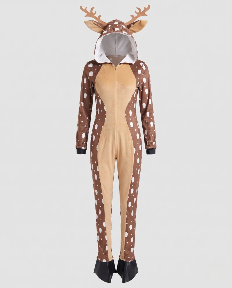 Damen Plüsch Rentier Overall mit Kapuze und niedlichen Details Drune