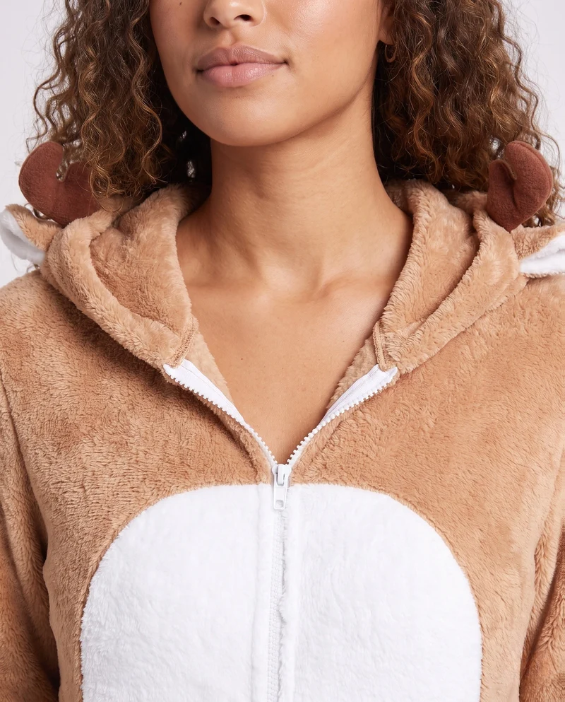 Damen Plüsch Rentier Overall mit Kapuze und tierischen Akzenten Drune