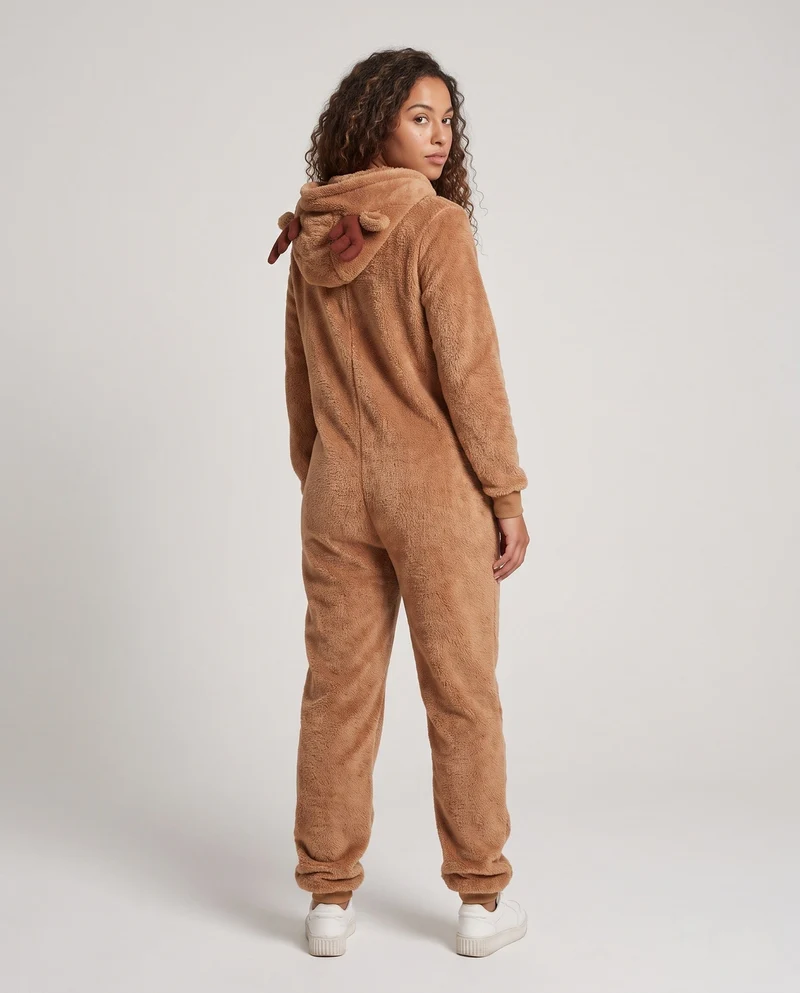 Damen Plüsch Rentier Overall mit Kapuze und tierischen Akzenten Drune