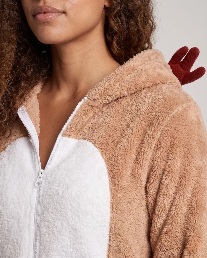 Damen Plüsch Rentier Overall mit Kapuze und tierischen Ohren Drune