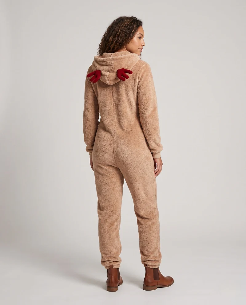 Damen Plüsch Rentier Overall mit Kapuze und tierischen Ohren Drune