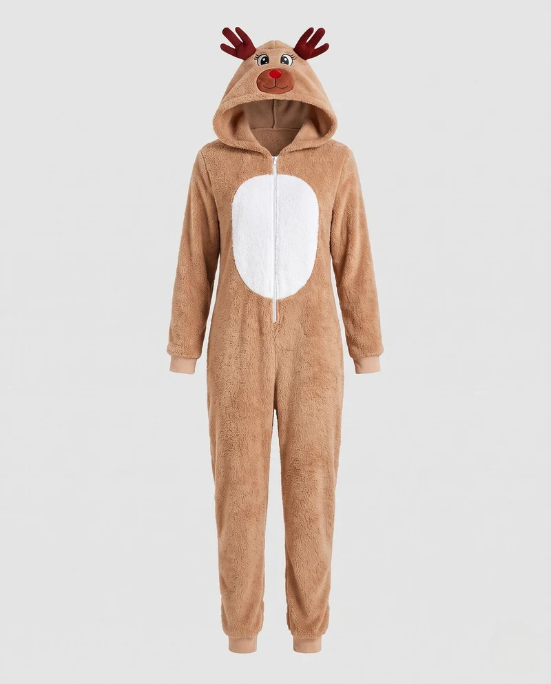 Damen Plüsch Rentier Overall mit Kapuze und tierischen Ohren Drune