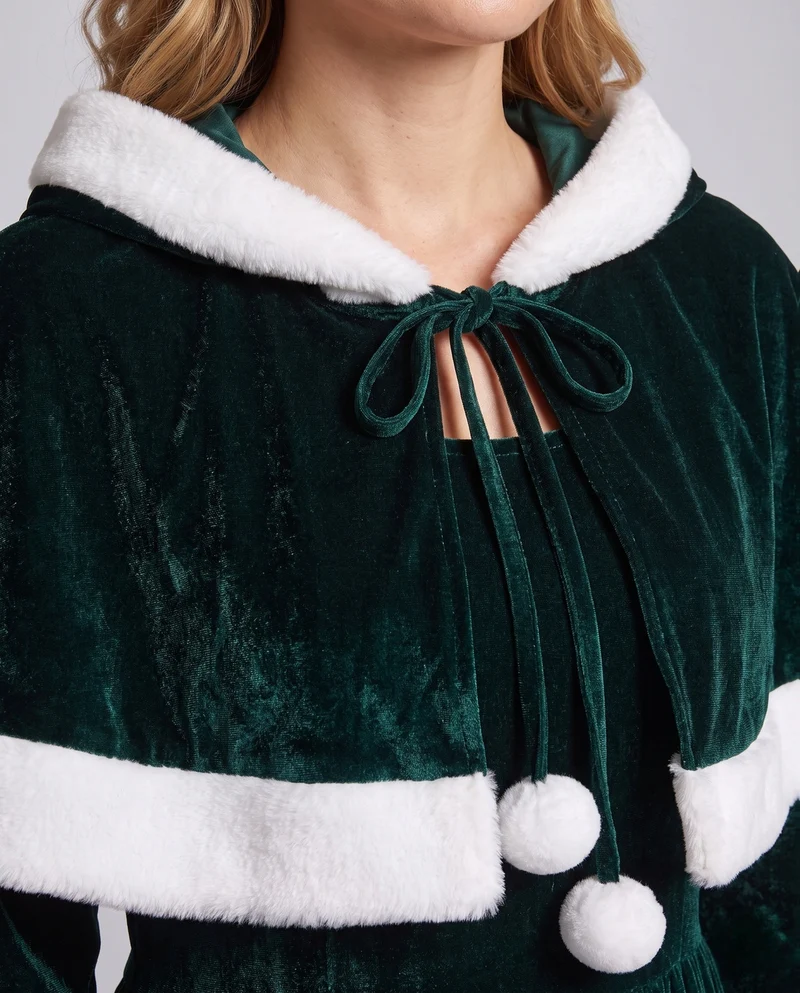 Damen Samt Weihnachtskleid mit Kapuze und eleganten Details Drune