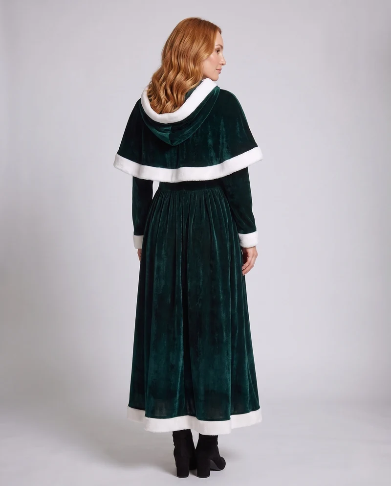 Damen Samt Weihnachtskleid mit Kapuze und eleganten Details Drune