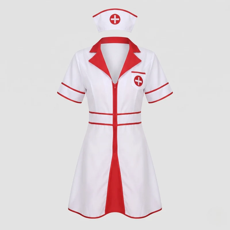 Damen Sexy Krankenschwester Kostüm mit Reißverschluss und detailliertem Design Drune