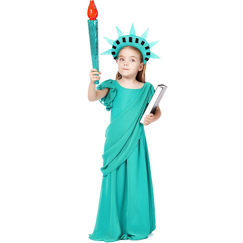 Mädchen Kostüm als Freiheitsstatue mit elegantem Kleid und Accessoires Drune