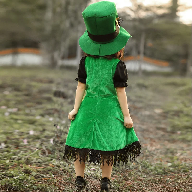 Mädchen Kostüm als irische Leprechaun mit voluminösem Rock und hohem Hut Drune