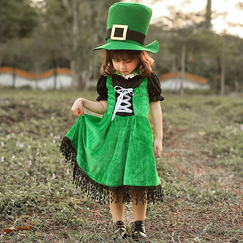 Mädchen Kostüm als irische Leprechaun mit voluminösem Rock und hohem Hut Drune