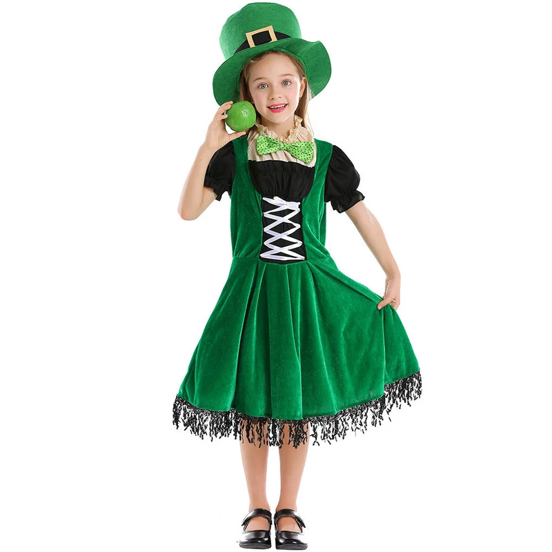 Mädchen Leprechaun Kostüm mit grünem Hut und Fransen Drune